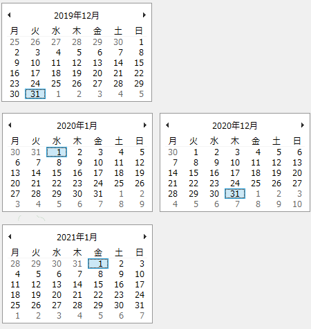 図2．2019，2020，2021年の12月と1月のカレンダー