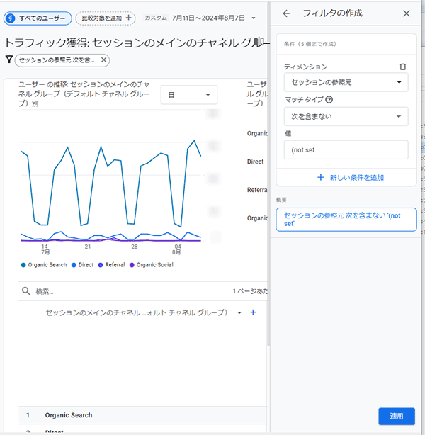 図22．GA4の「レポート」機能のフィルタの設定（GA4の「レポート」機能で「セッションの参照元」の値が「(not set)」であるものを除外するフィルタの設定）．