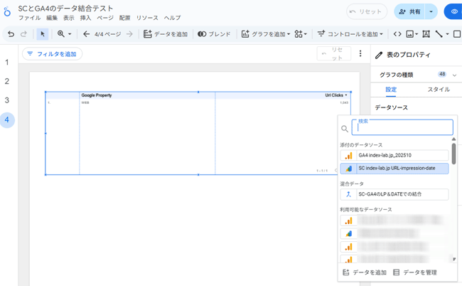 図44．挿入したテーブルのデータソースをサーチコンソールからデータ統合で作成したデータソース「SCｰGA4のLP＆DATEでの結合」に変更．