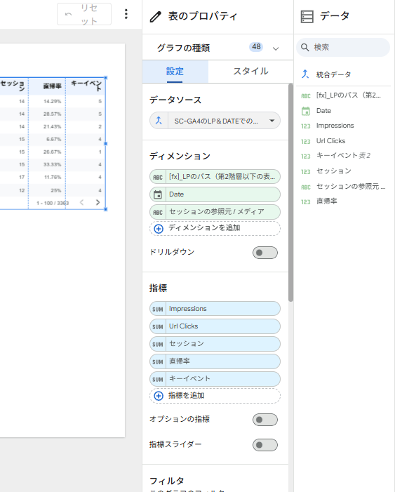 図46．テーブルにディメンションと指標を追加．
